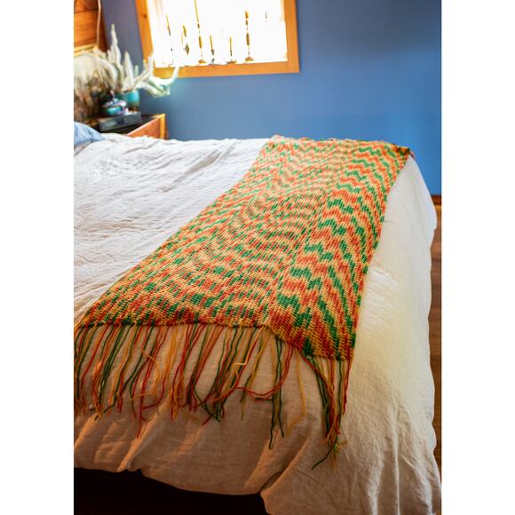 Vintage fringed crochet afghan, 70s orange! 69x27, Lap blanket, indie boho home - Picture 3 of 8